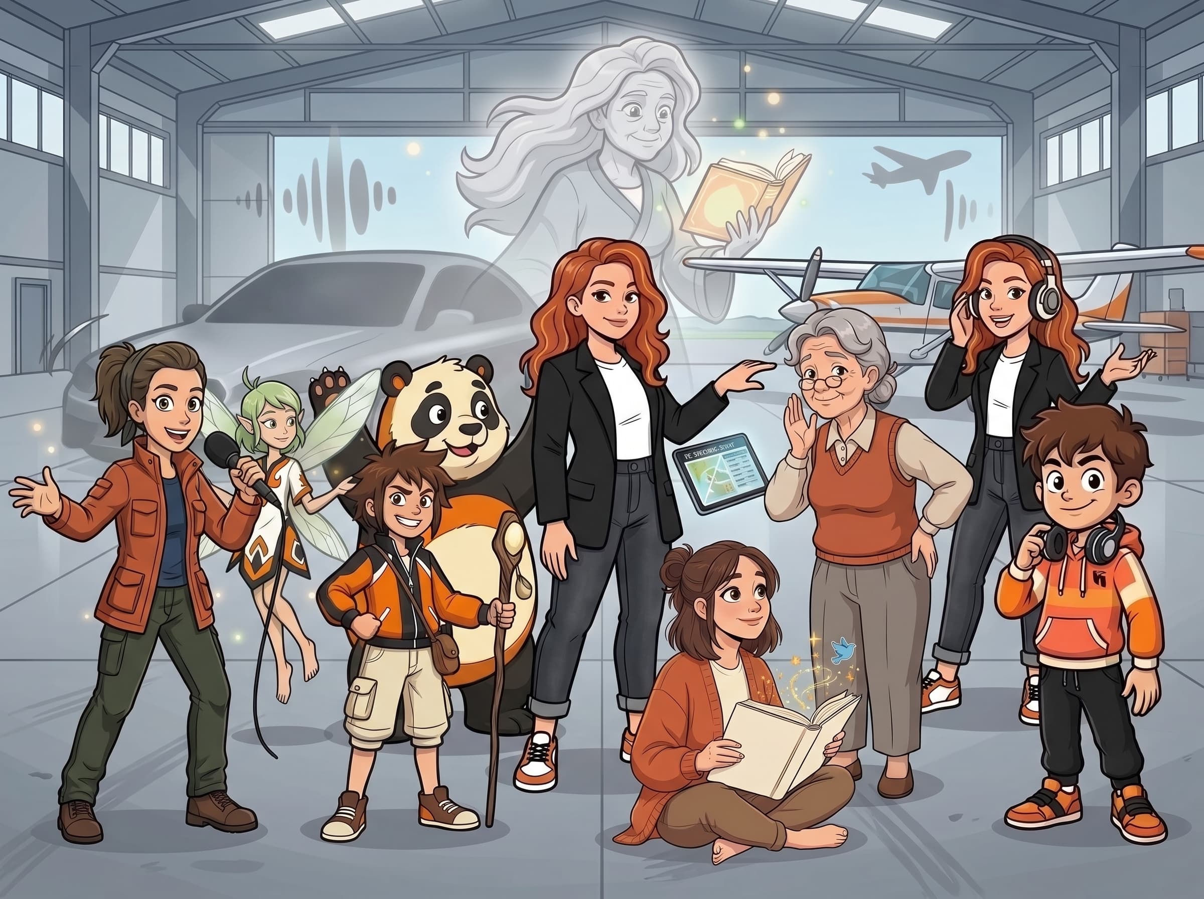 Illustration réunissant tous les personnages incarnés par Alberta Mebiama : un jeune garçon, une fillette, une fée, un panda, une conductrice, une présentatrice radio et une hôtesse d'aéroport.