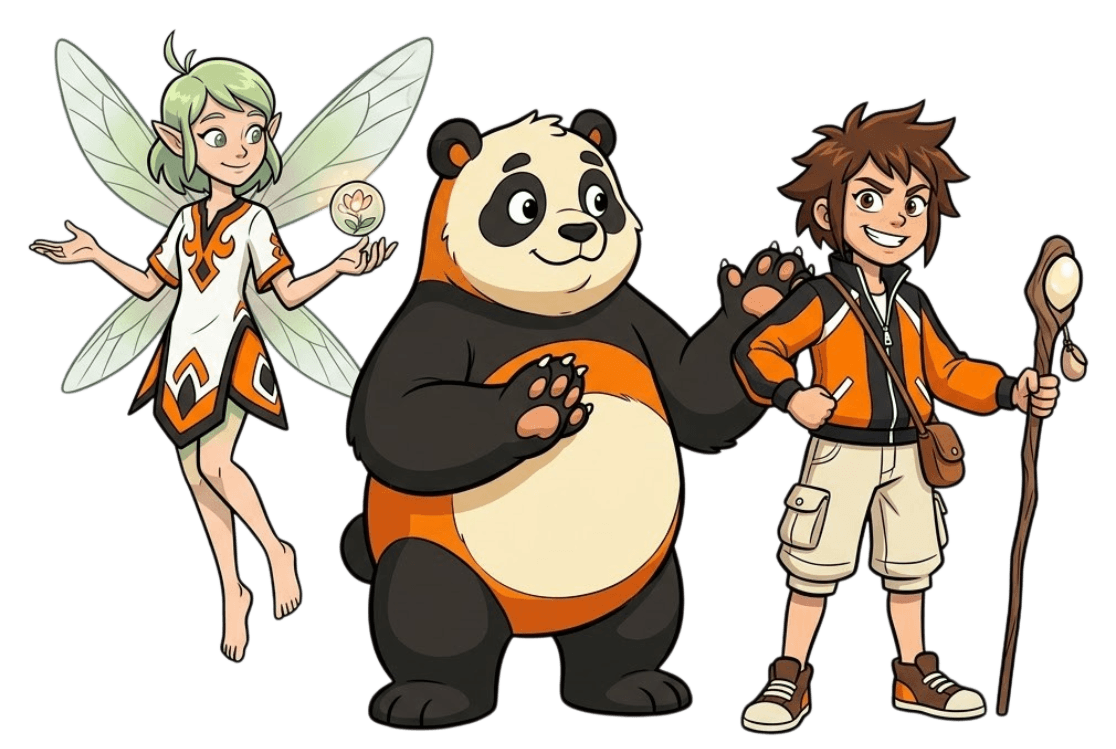 Illustration d'une fée, d'un panda et d'un jeune aventurier