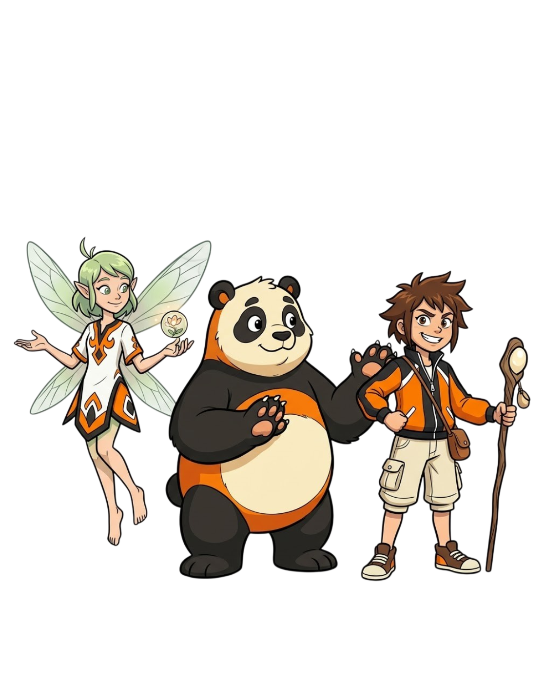 Illustration d'une fée, d'un panda et d'un jeune aventurier, personnages de La voix de la forêt