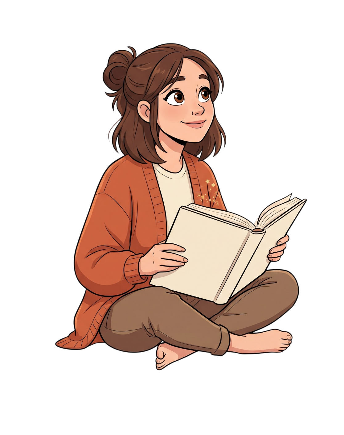 Illustration d'une jeune femme assise lisant un livre, personnage de Il était une fois